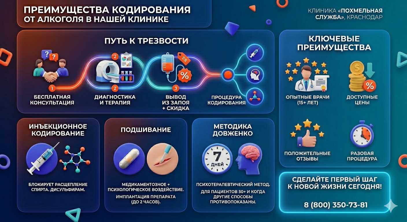 Инфографика о методах кодирования от алкоголя в Рощинском: инъекции, подшивание, метод Довженко. Преимущества клиники и этапы лечения.