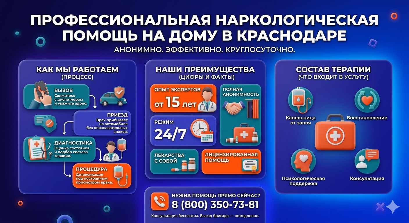 Инфографика о принципах лечения алкоголизма на дому в Рощинском: этапы вызова нарколога, преимущества анонимной детоксикации и состав медицинской помощи.